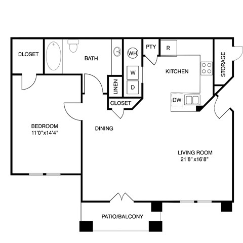 Floor plan for 1 bed, 1 bath, 749 sqft
